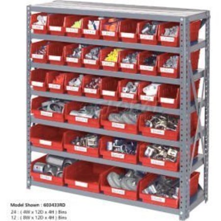 GLOBAL EQUIPMENT Steel Shelving with 48 4"H Plastic Shelf Bins Red, 36x18x39-7 Shelves 603438RD